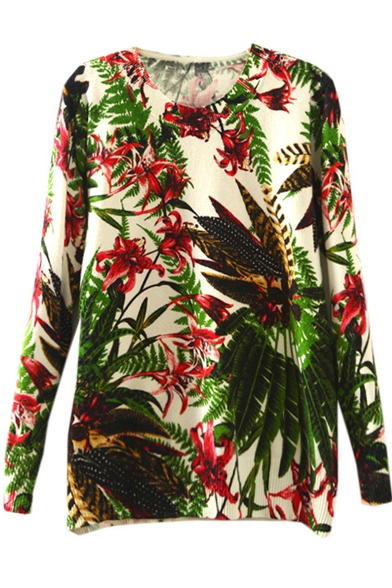 Beige Long Sleeve Floral Coco Tree Print Sweater