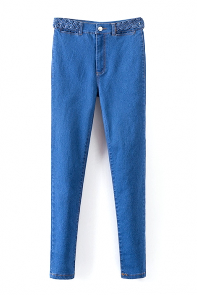 Blue Zipper Fly Knit Belt Skinny Jeans