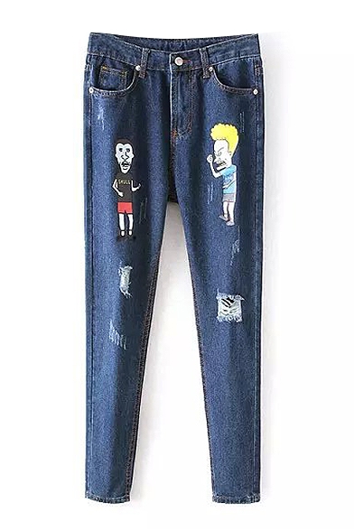 Cartoon Print Zipper Fly Single Button Ripped Jeans