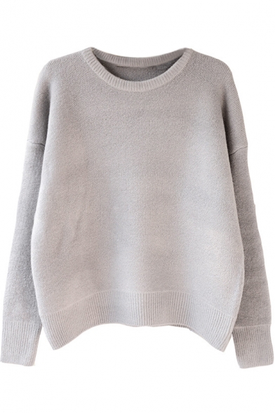 Plain Round Neck Long Sleeve Angola Sweater - Beautifulhalo.com