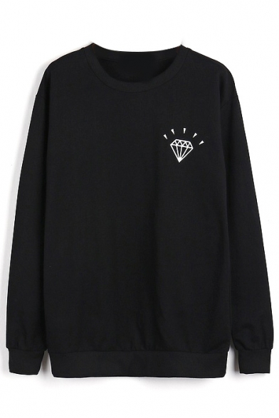 Round Neck Long Sleeve Diamond Print Pullover Sweatshirt