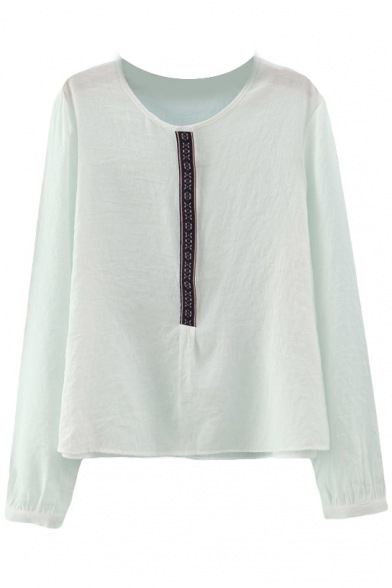 Tribal Embroidery Front Round Neck Long Sleeve Shirt