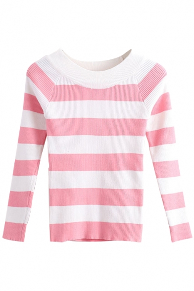 Wide Stripe Round Neck Knit Long Sleeve Sweater