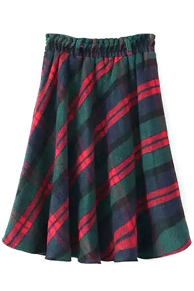 Elastic Waist Plaid Flared Maxi Skirt