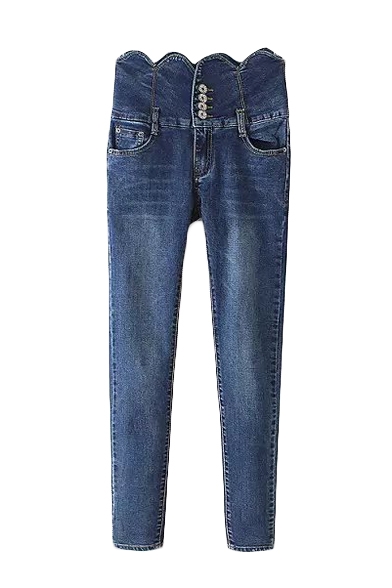 Petal Hem High Waist Buttons Blue Wash Skinny Jeans