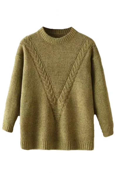Plain Round Neck Long Sleeve Cable Knit Sweater
