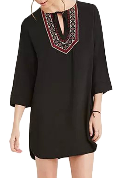 Tribal Embroidery Tie Collar 3/4 Length Sleeve Black Shirt Dress