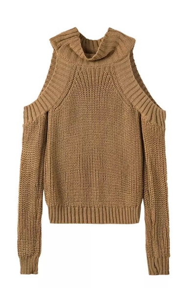 Turtle Neck Cold Shoulder Long Sleeve Knit Plain Sweater