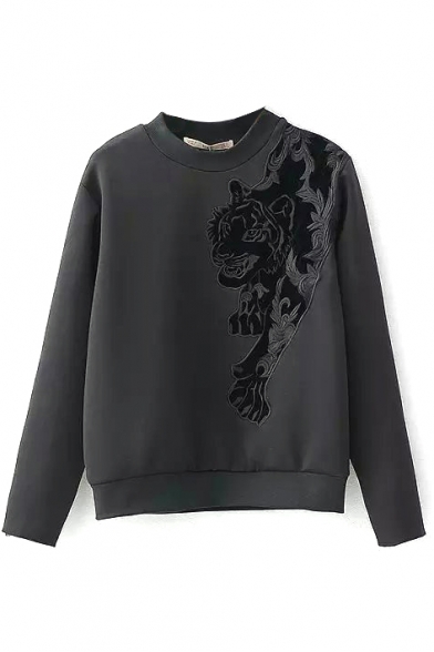 Black Tiger Embroidery Round Neck Long Sleeve Sweatshirt ...