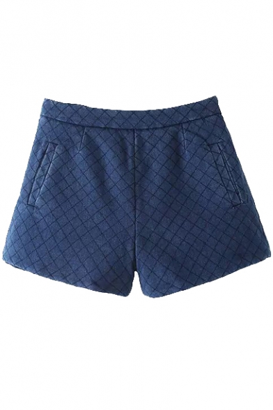 Dark Blue Elastic Waist Plaid Denim Shorts