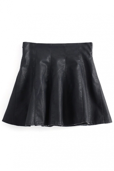 Mini Black PU-Leather Zipper Side A-Line Skirt