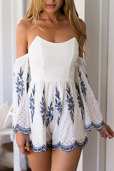 Off The Shoulder Embroidery Long Sleeve Romper