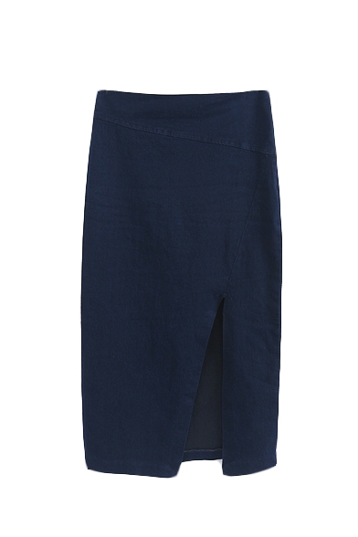 Plain Navy Asymmetrical Split Front Zip Side Denim Midi Skirt
