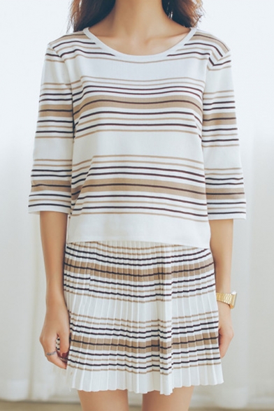 Stripe Half Sleeve Crop Sweater with Pleated Skirt