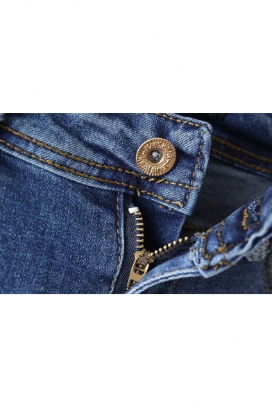 Zipper Fly Ripped Single Button Wash Jeans - Beautifulhalo.com