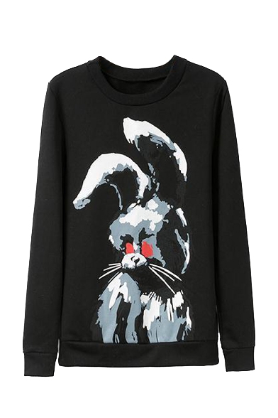 Black Rabbit Print Round Neck Long Sleeve Sweatshirt