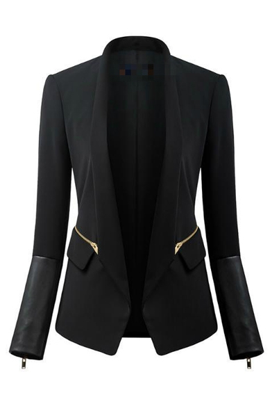 Plain Black Long Sleeve Lapel Open Front Blazer with Zipper Detail