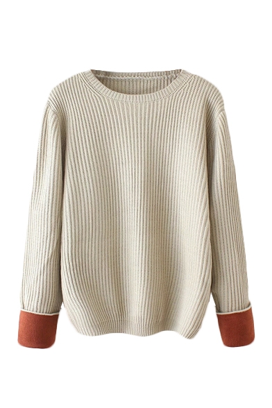 Plain Round Neck Color Block Cuff Long Sleeve Sweater