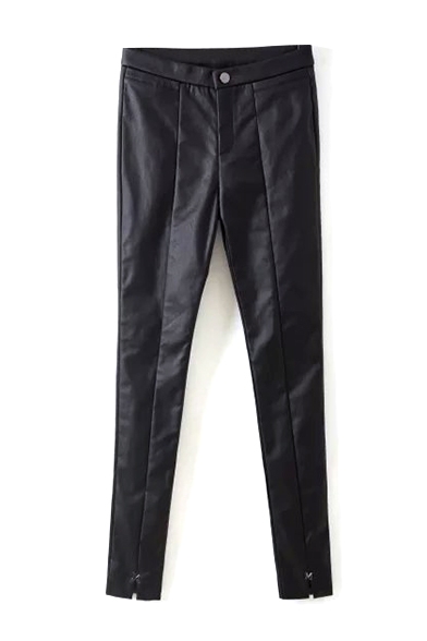 PU Black Single Button Zipper Skinny Pants