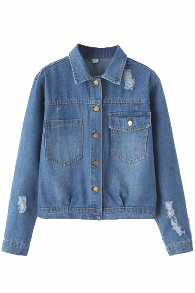 Ripped Button Down Double Pockets Denim Long Sleeve Shirt