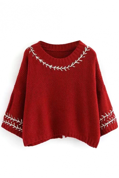 Stylish Round Neck 3/4 Length Split Back Pullover Sweater