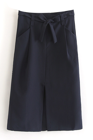 Tie Waist Plain Split Front A-Line Midi Skirt