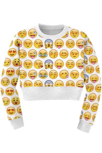 White Long Sleeve Cute Emoji Print Crop Sweatshirt