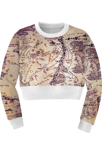 Brown Long Sleeve Map Print Crop Sweatshirt