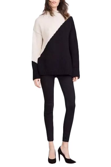 Color Block High Neck Long Sleeve Knit Sweater
