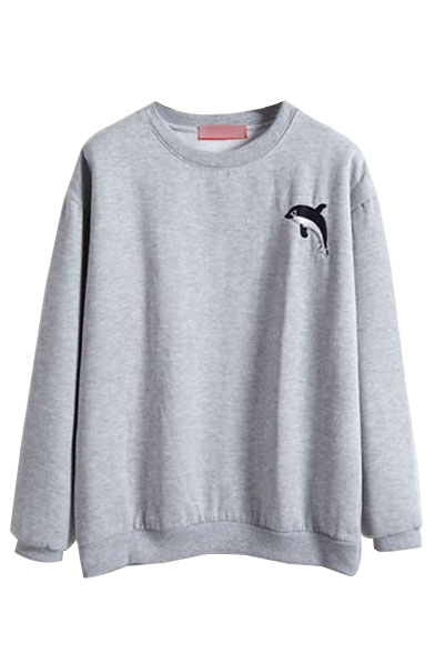 Dolphin Embroidered Round Neck Fitted Sweatshirt