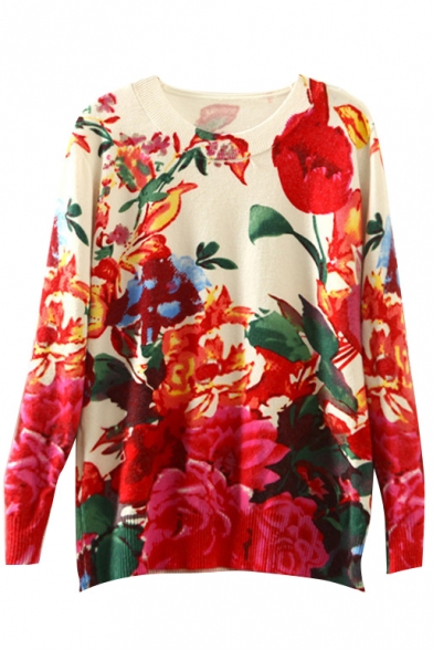 Floral Pattern Round Neck Long Sleeve Tunic Sweater