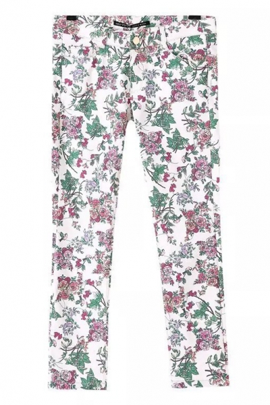 Floral Print Zipper Up Strait Leg Pants