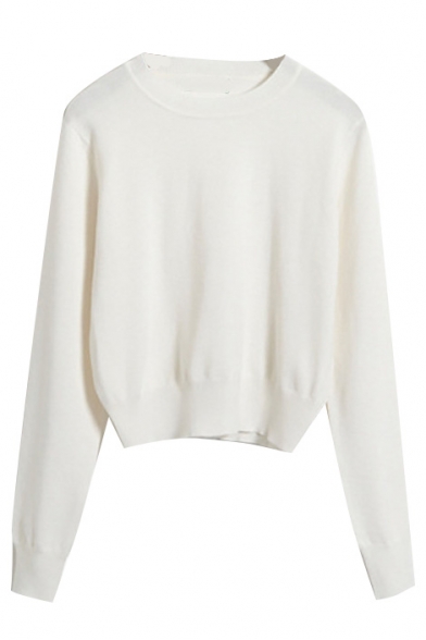 Round Neck Long Sleeve Plain Short Sweater