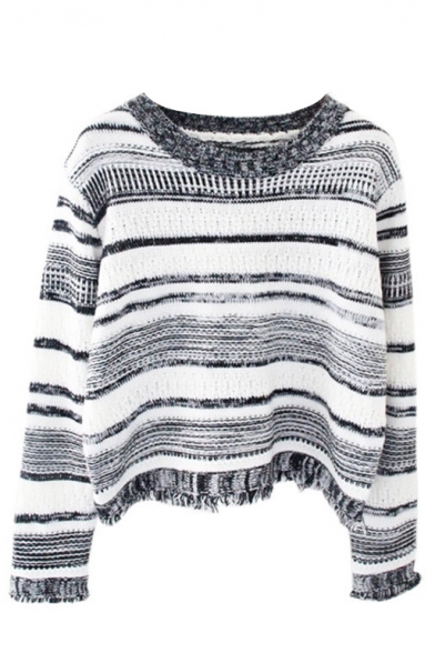 Stripe Boat Neck Long Sleeve Tassel Trim Crop Sweater