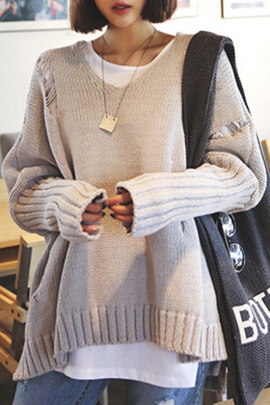 V-Neck Long Sleeve Plain Shredded Pullover Sweater