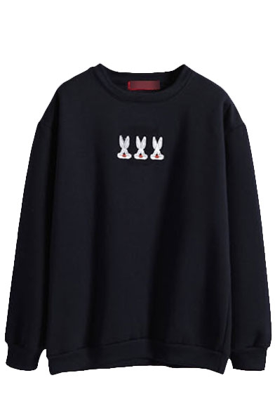 Black Rabbits Embroidered Round Neck Sweatshirt