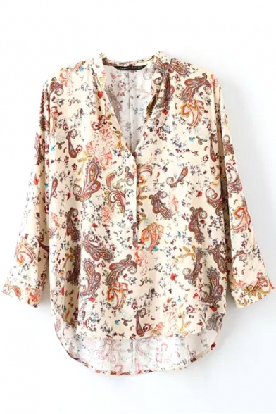 Floral Print Stand Collar High Low Long Sleeve Shirt