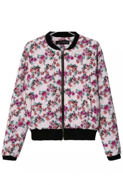 Floral Print Stand Collar Long Sleeve Zipper Quilted Jacket
