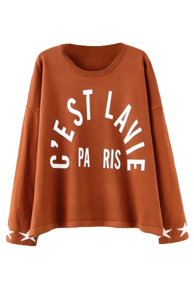 Letter Print Round Neck Loose Printed Cuff Sweater