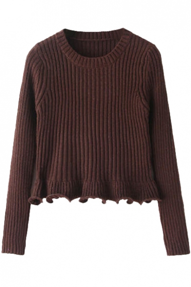 Plain Round Neck Ruffle Hem Long Sleeve Fitted Crop Sweater