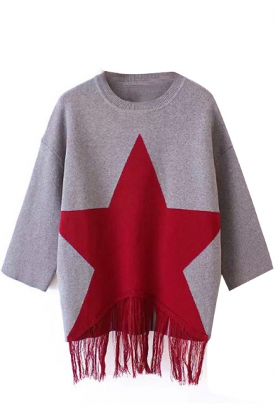 Red Star 3/4 Sleeve Tassel Trim Sweater