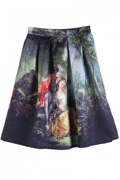 Zip Back A-Line Character Landscape Print Skirt