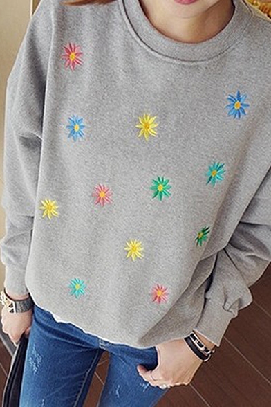 Floral Embroidery Round Neck Long Sleeve Sweatshirt