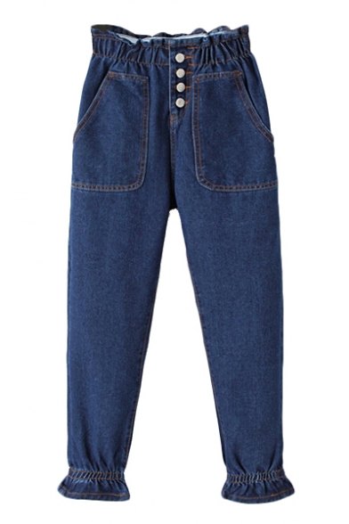 High Elastic Waist Buttons Crop Jeans - Beautifulhalo.com