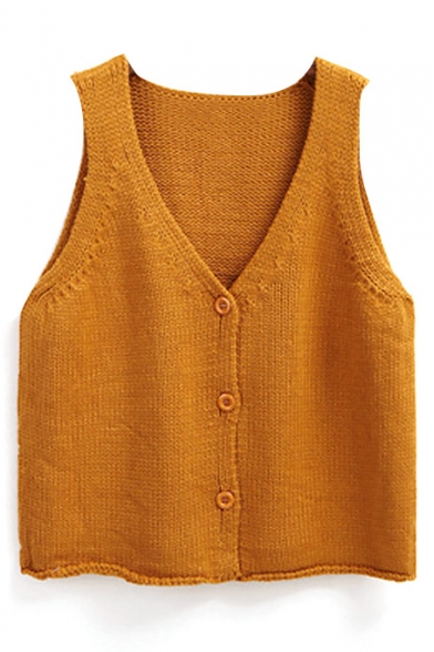 Plain Button Down Sleeveless Knit Vest Sweater - Beautifulhalo.com