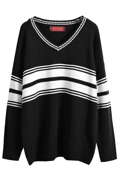 Stripe V-Neck Long Sleeve Tunic Sweater