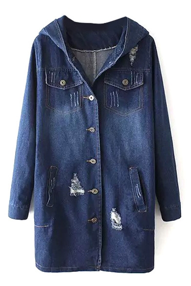 Blue Hooded Long Sleeve Pockets Single -Breast Denim Coat