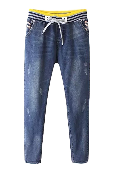 Drawstring Waist Ripped Blue Skinny Jeans