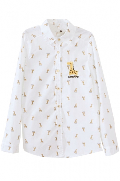 Giraffe Print Lapel Button Down Long Sleeve Shirt