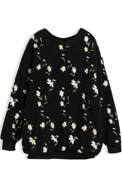 Long Sleeve Floral Embroidered Woolen Sweatshirt